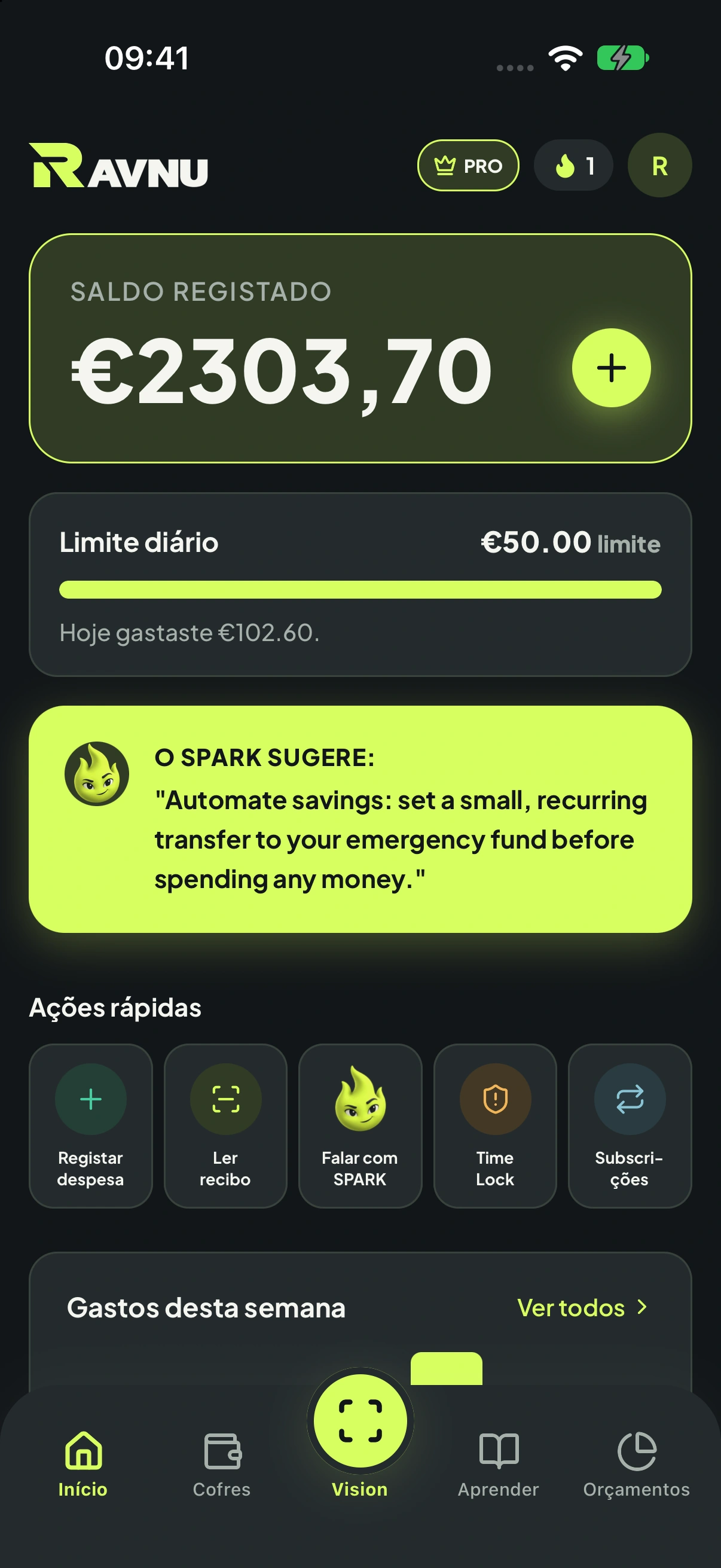 Painel real da Ravnu em tema escuro, com saldo dos registos, limite diário, SPARK e navegação da app