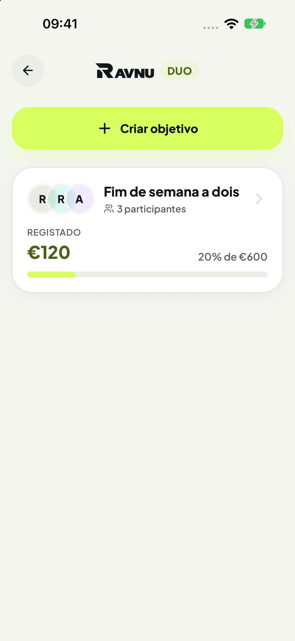 Ecrã real Ravnu Duo com o objetivo de exemplo Fim de semana a dois, três participantes e 120 euros de 600 euros registados