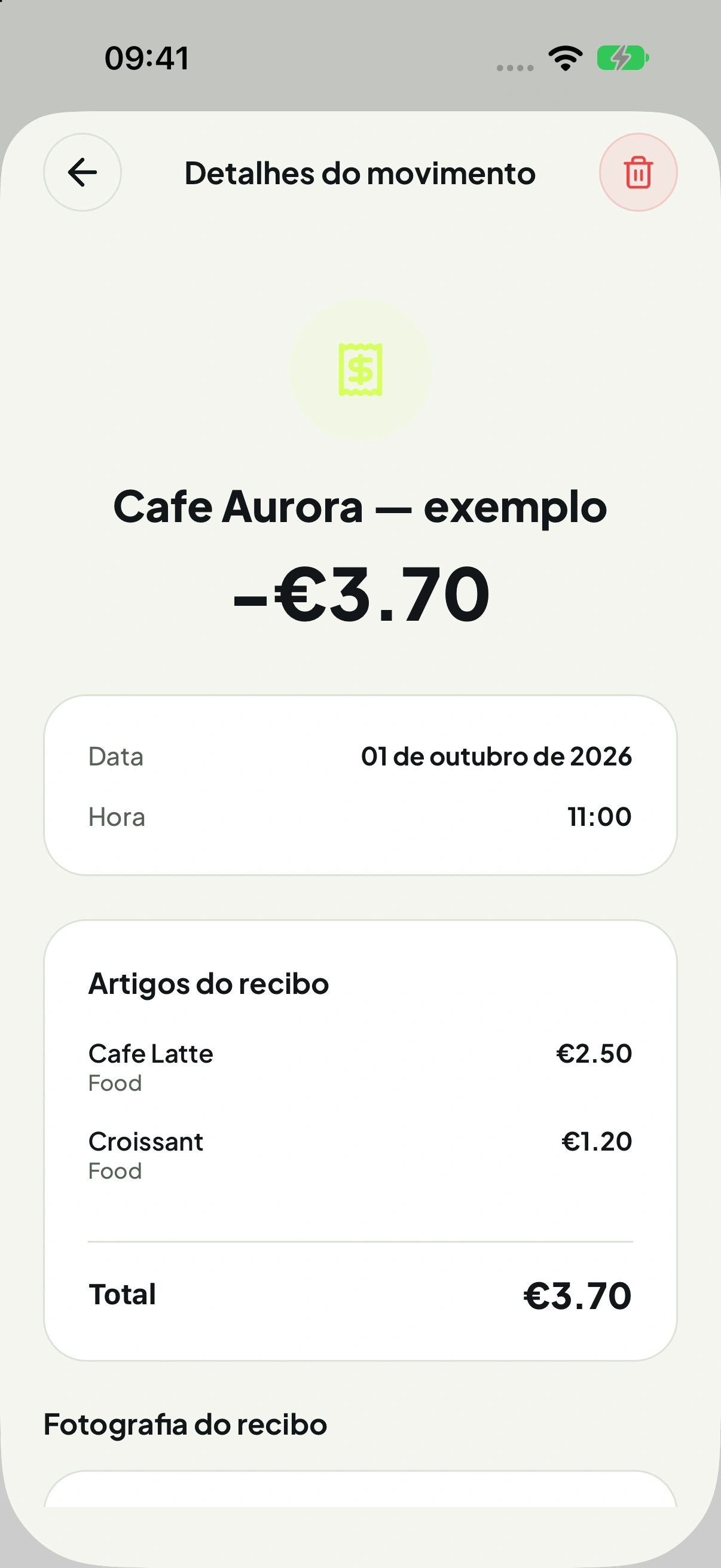 Detalhe real do movimento Cafe Aurora — exemplo, com café de 2,50 euros e croissant de 1,20 euros