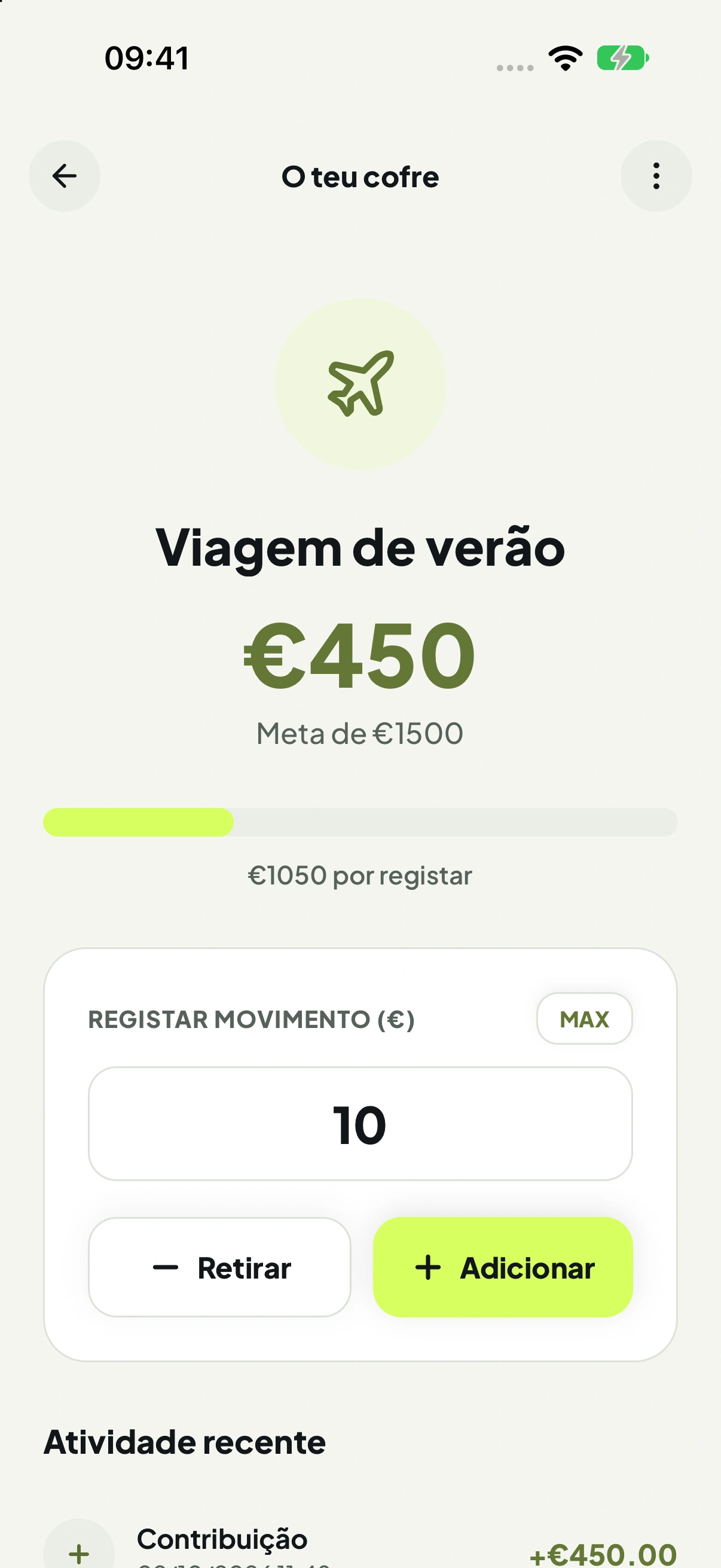 Cofre Viagem de verão na app: 450 euros registados para uma meta de 1500 euros